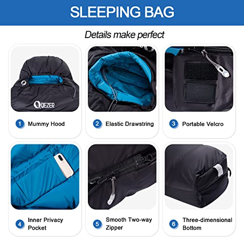 Qezer QDM-800BLACK-US Down Sleeping Bag For Adults 20 Degree Cold Weather Sleeping Bag With 600 Fill Power Down Backpacking Ultralight Mummy Sleeping Bag thumb #3