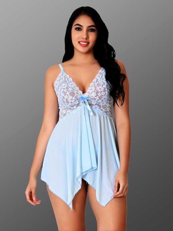Image of Babydoll Lace Nighty with Adjustable Straps Above Knee V Neck S-3XL