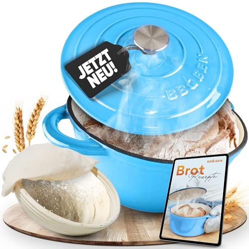 BBQ BEN Gusseisen Topf Emaille 5L inkl. Gärkorb & Ebook - Stilvoller Brotbacktopf | Brottopf zum...