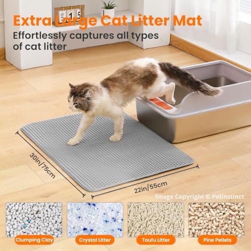 Image of Cat Litter Mat, 30x22 Inches Extra Large Honeycomb Double Layer Cat Litter Trapping Mat, Non Slip Waterproof Urine Proof Cat Litter Box Mat, Kitten Supplies and Essentials, Grey