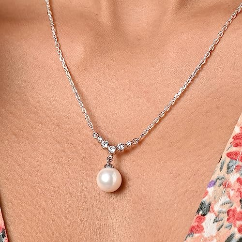 Image of Clara 925 Sterling Silver Pearl Pendant Necklace with Chain | Platinum Plated | Minimal Daily Wear | Gift for Women & Girls