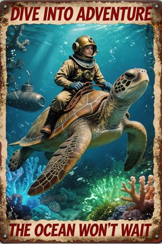 Dive Into Adventure Ocean Themed Metal Sign, Vintage Scuba Diving