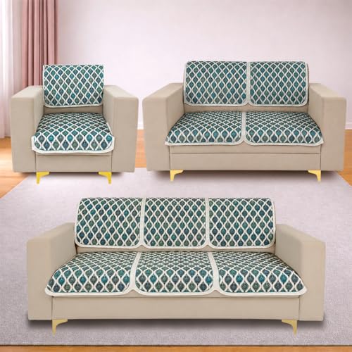 Image of Homerz Premium 'Maharaja Paradise Series' Sofa Cover | Net Fabric Sofa Cover | Washable, Anti-Dust Backed & Wrinkle Resistant Cover (Aqua Lattice, 6 (3+2+1) Seater, Seat Cover with Backrest)