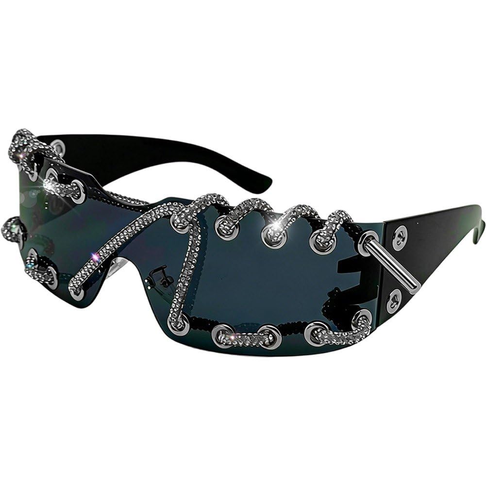 Hrippy Punk Y2k Rimless Sunglasses Crystal Chain One-piece Party Shades Bling Streetwear Sunglasses for Men Women