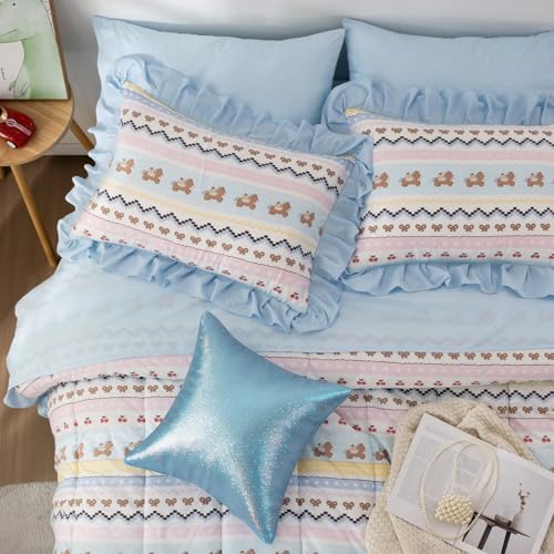Image of A Nice Night Blue Ruffle 6 Pcs Boho Comforter Set,Queen