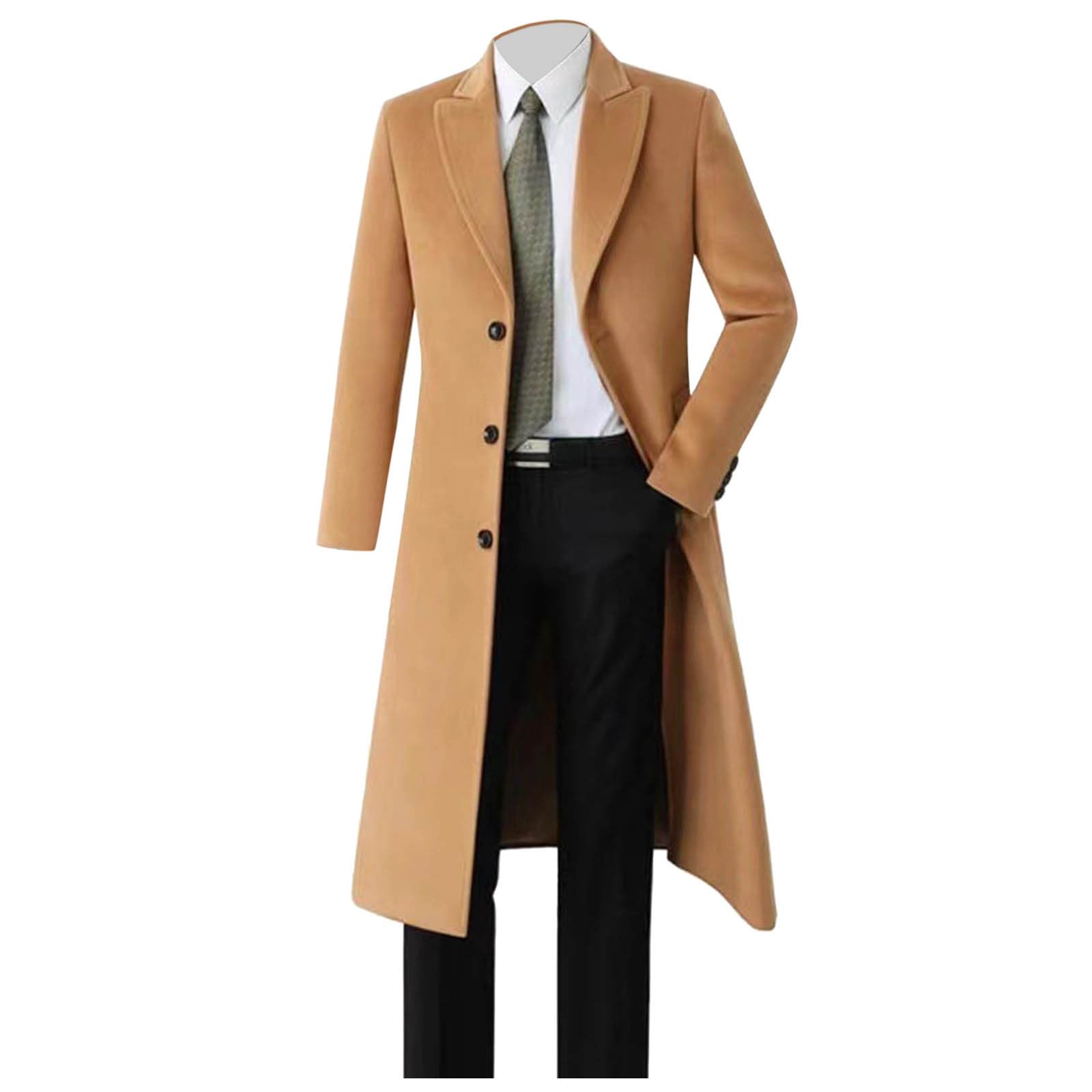 Generisch 2026 Trenchcoat Herren Herren Wollmantel Einfarbig Übergröße Slim Fit Knielang Windjacke Herrenmantel (Khaki, XXL)