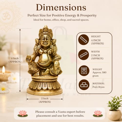 Image of Brass Kuber Ji Statue | Size- 4 Inch Approx | Weight-580 G Approx | Vastu Brass Kuber Ji | Vastu Idol for Home and Office | Kubera Idol | Zonal Placement - North