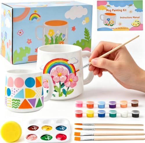 Paint Your Own Mug Mug Painting Kit Pottery Painting Kit Includes 2 White Ceramic Mugs 4 Brushes 2 Palettes 1 Sponges 2 * 12 Paints and Instructions DIY Gift for Adults or Kids