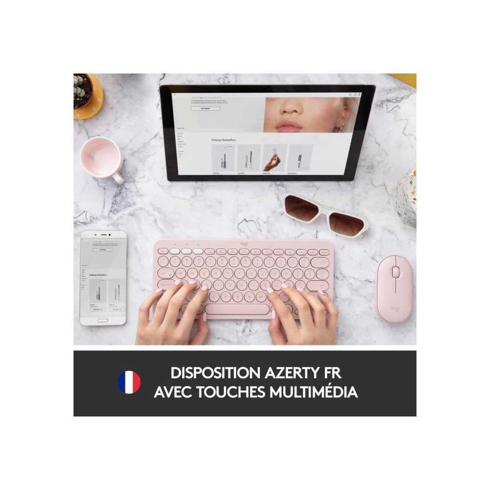 Logitech K380 Teclado Inalámbrico Multi-Dispositivo | para Windows/Apple/iOS/Android/Chrome, Disposición AZERTY Francés - Rosa