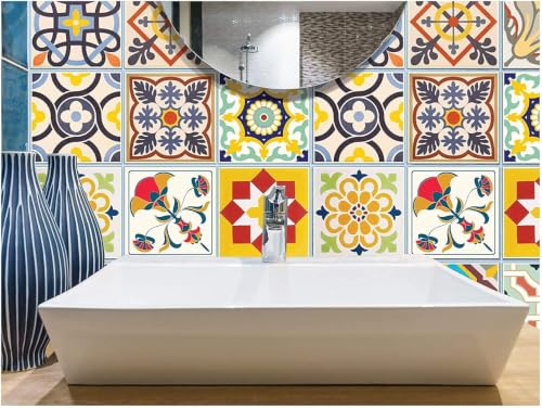 Image of Moroccan Tile Stickers | Waterproof Self Adhesive Peel & Stick Tile Decals for Kitchen Backsplash, Bathroom Wall, Floor, Furniture & Glass (4X4 Inch, Design 28, 36 Pic)