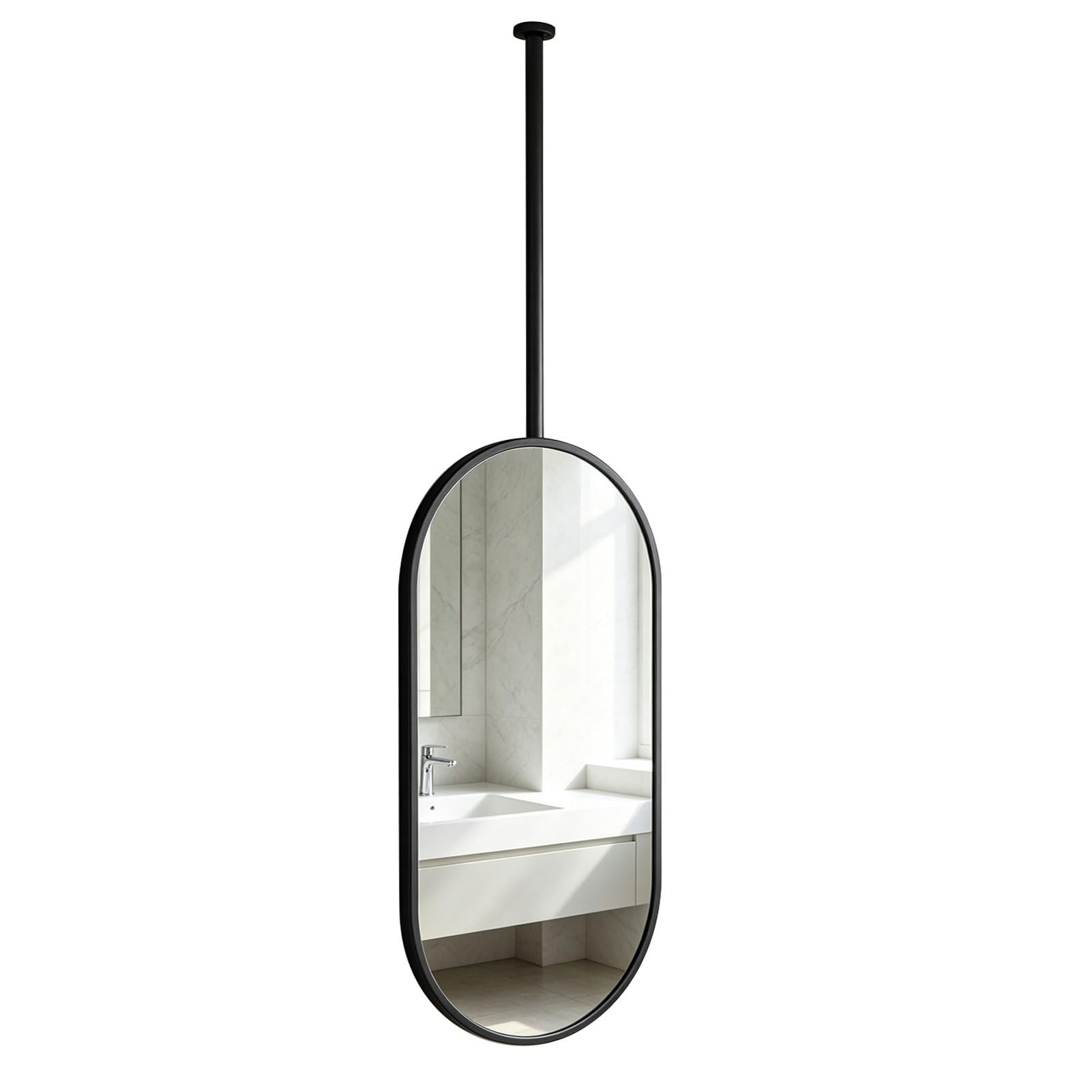 Miroir ovale moderne à tige suspendue,salle de bains monté au plafond | Miroirs suspendus simples et élégants,décoration murale,pour salle d'eau,chambre à coucher(Noir,50cmx70cm)