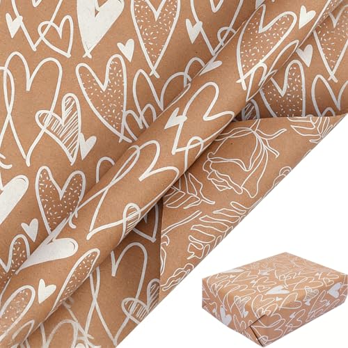 Kuhfellfarbe Doppelseitiges Geschenkpapier - 43 cm x 10 m Kuhfellfarbe mattes Geschenkpapier Herzmuster und Rosenmuster für Hochzeits Geburtstags Babyparty Party und Festivalgeschenkdekorationen