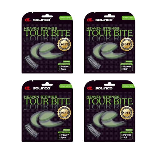 Solinco Tour Bite Soft Tennis Racquet String Sets 4-Pack (4 Sets Per Order) - Best for Spin, Control, and Durability (Silver, 17g)