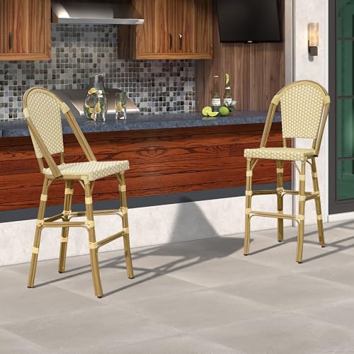 Image of PURPLE LEAF French Bar Stool Set of 2 Bamboo Print Finish Patio Bar Stools with Back Rattan Bar Chairs Wicker Bar Height Stool 30 inch with Footrest Kitchen Island Stools Outdoor Barstool Cream Yellow