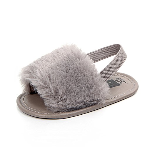HONGTEYA Baby Girls Sandals Soft Soled Faux Fur Infant Toddler Summer Baby Moccasins Shoes Slippers (12-18 Months /6 M US Toddler,Grey)