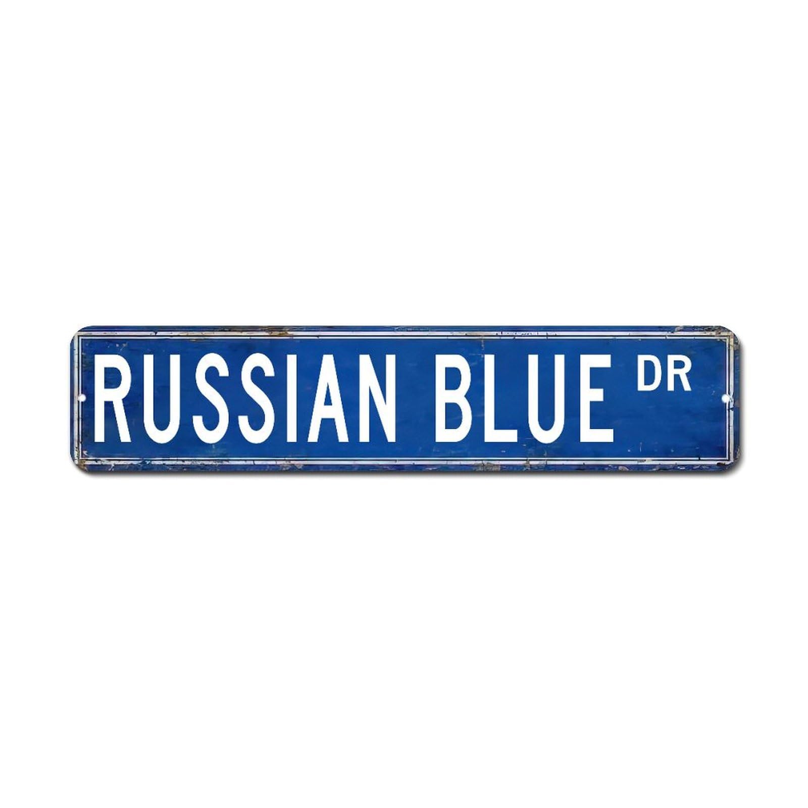 LMMIXEE Russian Blue Dr Metal Sign Russian Blue Custom Street Sign Cat Lover Gift Rustic Wall Art Farmhouse Decorative Sign Kitchen Wall Sign Home Decor Housewarming Gift 18x4in
