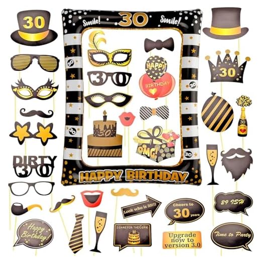 AIBAOBAO 30th Birthday Marco de Selfie Inflable, Cumpleaños Photo Booth Props, Fotos Inflable Decoración DIY+ 35 Piezas Photobooth Cumpleaños Accesorios Fotocall para Cabina de Foto Props Fiesta Kit