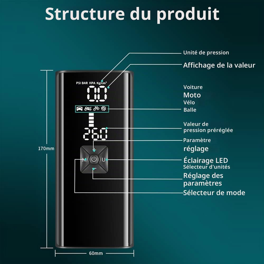 Gonfleur Pneus Voiture 8000mAh Pompe a Velo Electrique 30cm Tube Gonflable pour Voiture Moto Vélo Basketball Football Mini Compresseur à Air Portatif 5 Modes 150psi, 4 Gonflage Aiguille