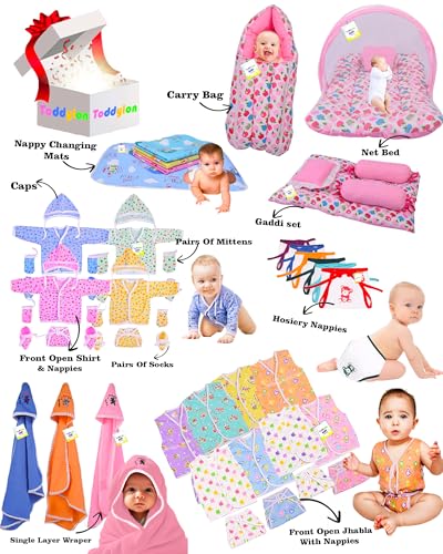Image of Toddylon 56 in 1 New Born Baby Products All | Gift Packs | Maternity Kit | Baby Clothes | Baby Bedding | Essentials Items | Baby Shower | Infants Combo (Multicolor, 0-6 Months)