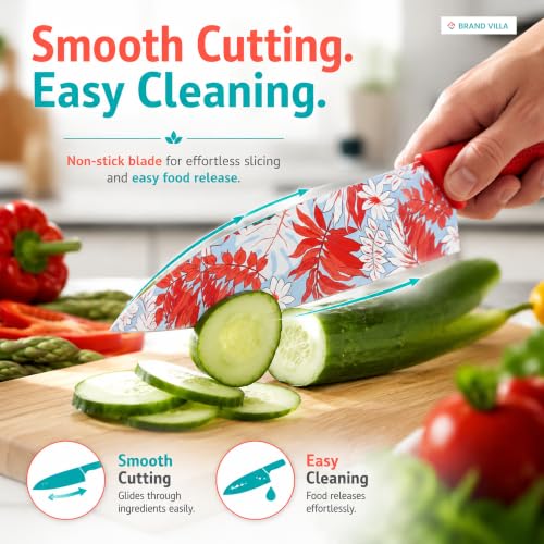 Image of BRAND VILLA Kitchen Knife Set of 3, Ultra Sharp Stainless Steel Chef Knife, Utility Knife & Paring Knife, Non-Stick Coated Blades, Ergonomic Anti-Slip Handle for Fruits, Vegetables & Meat (Red)