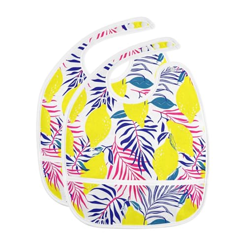MCHIVER Lemon Palms Leaves White Baby Bibs for Babies Boys Girls Waterproof Feeding Bib Apron with Food Cather Adjustable Cotton Food Eating Bib 2 Pack