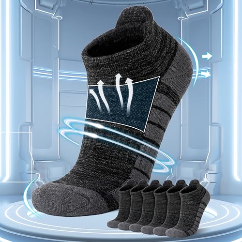 6 Pairs Ankle No Show Running Hiking Athletic Socks for Men Women Sport Cushioned Black Grey Socks
