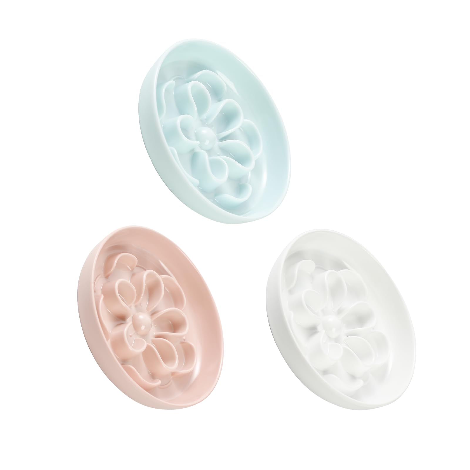 Melamine Cat Slow Feeder Bowl Set - Floral Maze Food Dishes for Cats and Small Dogs - Shallow Wide Plates for Dry & Wet Food - 3 Pack - White & Pink & Blue