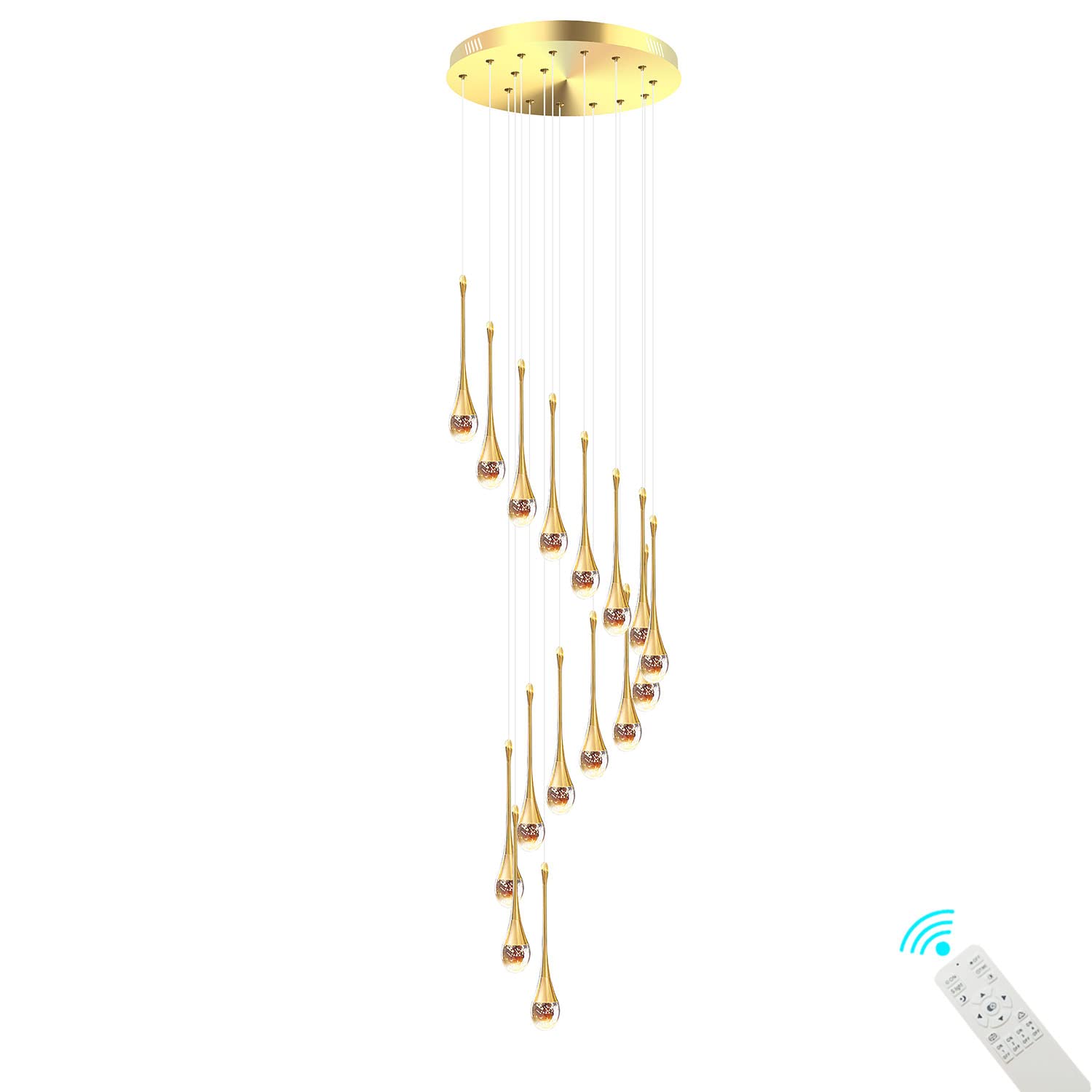 Pendelleuchte 305Cm Lange Regentropfen Kristall Kronleuchter,16 Lichter Dimmbar LED Gold Treppen-Kronleuchter,Lampen für Dekoratives Villa Decken,Foyer,Treppenhaus,Wohnzimmer,Loft-Deckenleuchten,80W