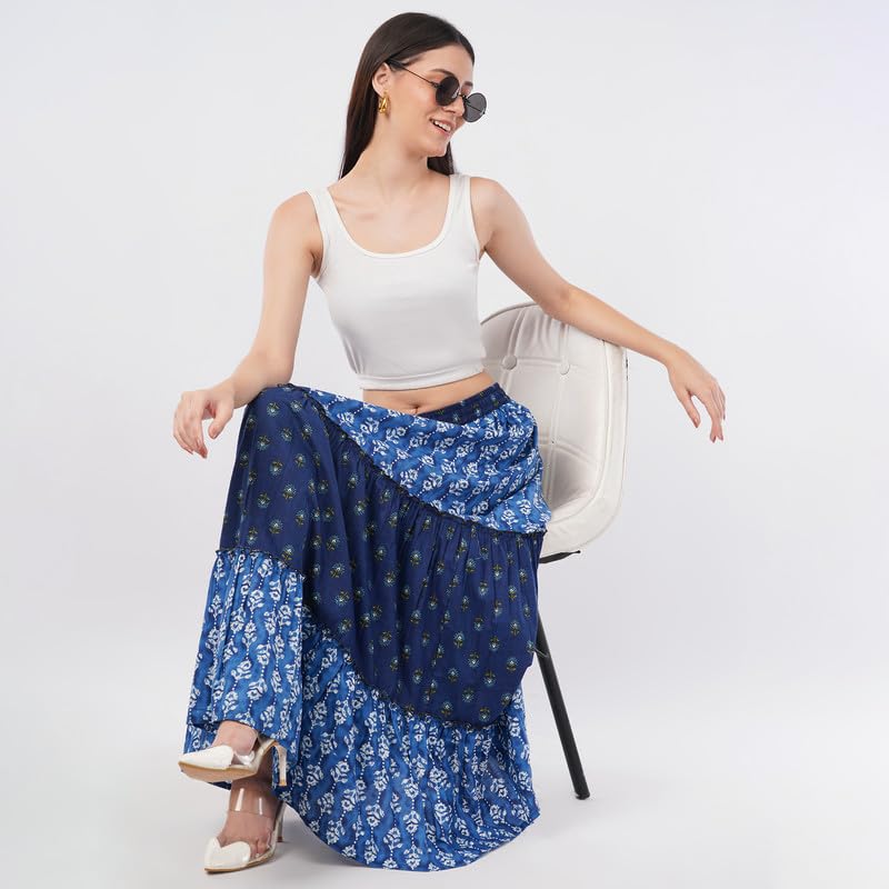 Rabhika Women’s Light Blue Pure Cotton Tiered Maxi Skirt, Elegant Ethnic Wear, Comfortable Long Skirt for Summer| 2XL 1