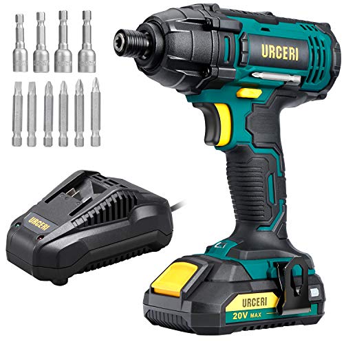 Cordless Impact Driver URCERI Impact Drivers 20V 180Nm1600 In-lbs Max Torque 2.0 Ah Li-ion Battery Pack Fast Charger 1/4 Inch Hex Impact Drill 3000 RPM Variable Speed 6 Bits 4 Sockets