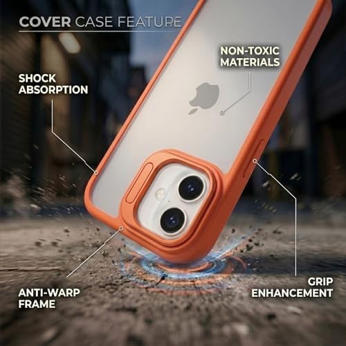Image of amazon basics Frosted Matte Case for iPhone 17 | Built-in Flip-Out Camera Lens Stand | Translucent Back with Contrast Orange Bumper | Shockproof Protective Cover with Foldable Kickstand