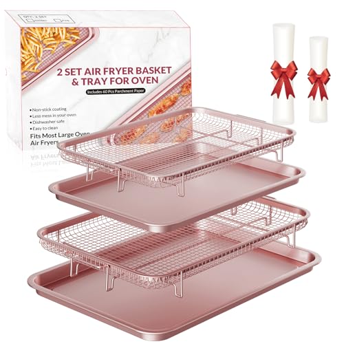 Image of Air Fryer Basket for Oven, THORSES 2 Set Oven Air Fryer Basket and Tray Set | with 60 Sheets Parchment Papers, Carbon Steel NonStick Air Fryer Pans and Tray-Large15 inchx11 inch & Medium13.4 inchx9.6 inch-Pink
