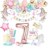 Unicornio Globos:Unicornio decoración cumpleaños para 7 año niña es muy adecuadas para la fiesta de cumpleaños. Los globos de látex Macaron van con unicornios, globos con números rosados, manteles, adorno para tartas. Owinus te ofrece una fiesta de unicornios muy soñadora.