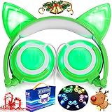 iGeeKid[Upgraded Version]Cat Ear Kids Headphones Rechargeable&LED Light Up Foldable Over Ear Headphones Headsets for Girls Boys,Compatible for iPad,Kids Tablet,Kids Wearable Christmas Gift(Green)
