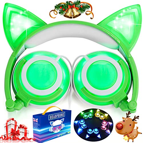 Cat Kids Headphones, Over/On Earphones with LED Glowing USB Rechargeable, Girls Boys Toddlers Wired Foldable Game Headset for Phone PC, Electronic Learning Toy School Supplies Prize
