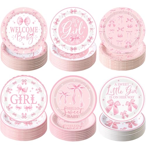 Image of Funnymoom 60 Pcs 7 Inch Pink Bow Baby Shower Paper Plates a Sweet Little Girl Is on Her Way Party Decoration, Coquette Pink Bow Welcome Baby Disposable Plates for Dessert Birthday Party Supplies