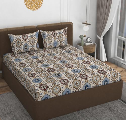 Image of VOMZER 320 TC Cotton Feel All Around Elastic Fitted Bedsheets King Size, Premium Fitted Bedsheets King Size for Double Bed with 2 Pillow Covers, Size- 78 inch x 72 inch (Desert Mosaic)
