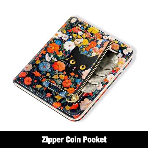 Rouidr Womens Wallet, RFID Small Slim Wallet for Women, Cute Bifold Leather Pocket Credit Card Holder Ladies Mini Purse with Zipper Coin Pocket & ID Window, Colorful Flowers Cat4