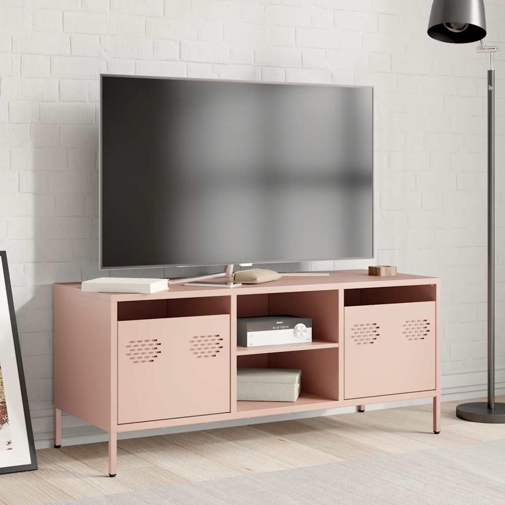 Mobile TV rosa in acciaio laminato a freddo, 101,5 x 39 x 43,5 cm, con 2 cassetti e 2 scomparti, moderno mobile basso per soggiorno e camera da letto, salvaspazio, con piedini per HiFi