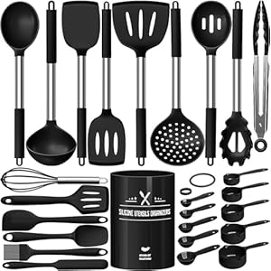 Küchenhelfer Set, 26-teiliges Silikon Kochutensilien Kochbesteck Set, Hitzebeständiger Kochgeschirr mit Utensilienhalter, Antihaft Kochset Küchenutensilien mit Edelstahlgriff, Spülmaschinenfest