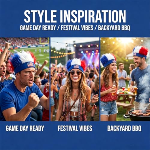 Image of Rose bud USA World Cup Soccer Wig Hair Headband Blue White Red Headband Wig for Women Men Sports Football Halloween Costume Cosplay and Party USA Flag Hat