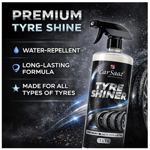 Image of CAR SAAZ Tyre Shiner 1L with Applicator Pad & Spray Nozzle for Car & Bike | Instant Shine, Long-Lasting Protection, Prevents Fading & Cracking, Increases Tyre Life