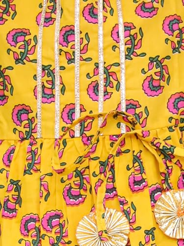 Image of superminis Cotton Blend Baby Girl's Jaipuri Print Frock Style Kurti With Frill Sleeves And Dhoti Style Salwar With Elastic Closure Ethnic Dress Clothing Set