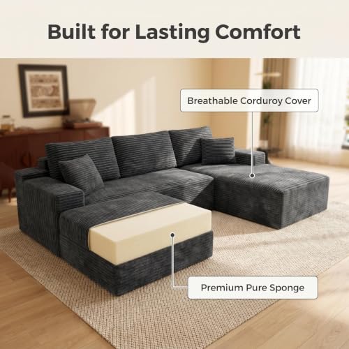 Image of Modular Cloud Sectional Sofa, Oversized Corduroy Boneless Couch | Luxury Comfort, Deep Seat, Couches for Living Room and Apartment, No Assembly Required