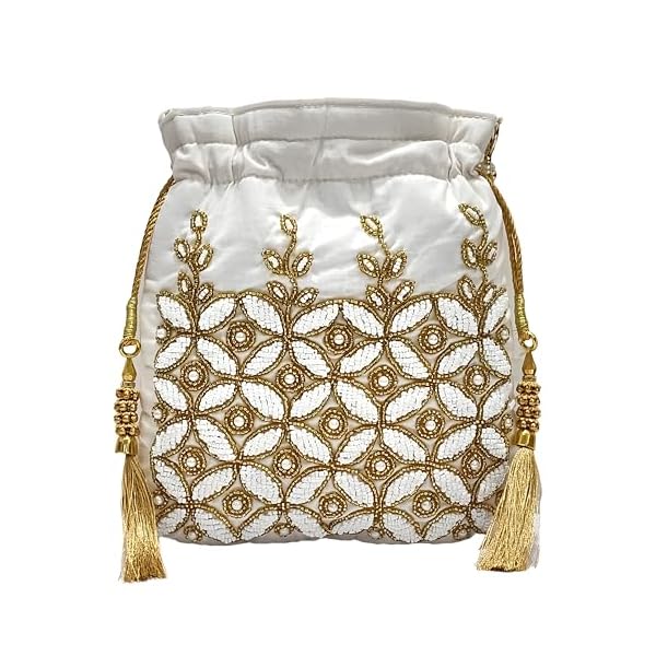 Amerie Fashions Women's Embroidered White Gold Potli Bag Purse for Party Wedding - Image 3