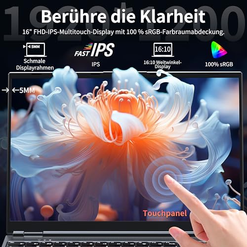Amita 16 Touchscreen Laptop | i3-8109U(up to 3.6GHz), 16GB RAM, 512GB SSD, RGB Hintergrundbeleuchtete Tastatur, Gesicht- & Fingerabdruck-Login, 180° Scharnier, Win 11 Pro & Office (512GB SSD)
