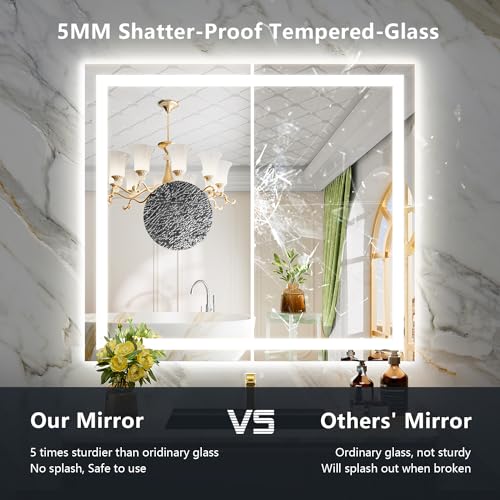Image of 40x36 Inch LED Bathroom Mirror with Lights Front and Backlit Lighted Vanity Mirror for Bathroom Wall with 3 Colors Dimmable Anti-Fog Memory Shatter-Proof IP54 Waterproof Horizontal /Vertical