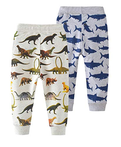 Image of HUAER& Baby Boy's Jogger Pants Dinosaur Car Animal Print Drawstring Elastic Sweatpants (1-Pack 2-Pack)