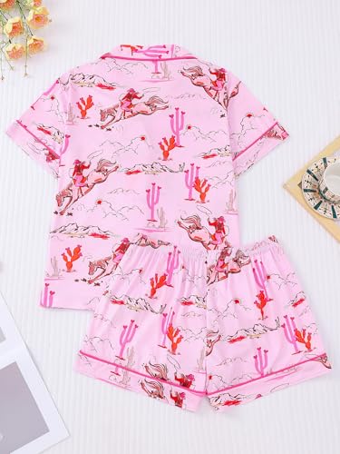 Image of RONGTAI Womens Pajama Sets Button Down Short Sleeve Western Horseman and Cacti Print Lapel Shirt with Pocket Matching Pj Shorts Two Piece Loungewear Set Pink S