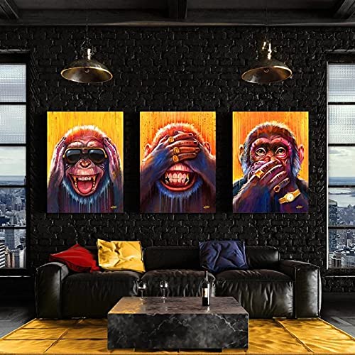 Peinture sur Toile Animale drôle Trois singes de la Sagesse avec des Lunettes de Soleil Affiche...
